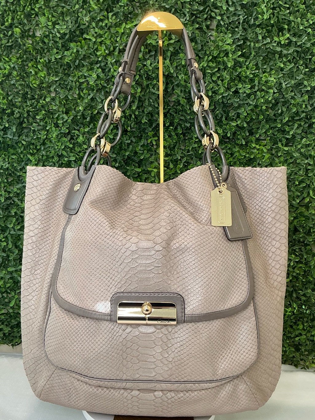 Coach Kristin Python Embossed Leather Tote Bag Taupe Gray Chain Handle Purse